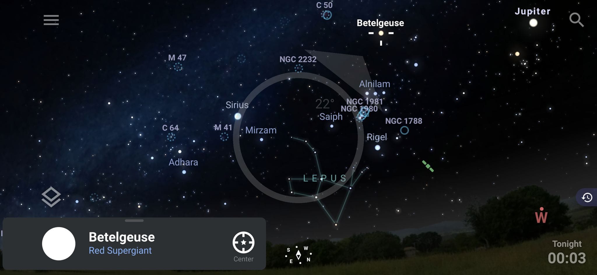 Star-hopping with stellarium's go to feature. A large reticule indicates where to point the phone to find the target