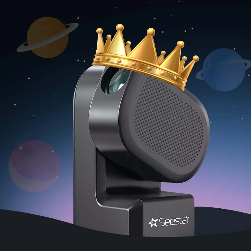 The ZWO Seestar S50 is the winner of our 2025 smart telescope comparison. The image depicts the Seestar S50 with a cartoon crown